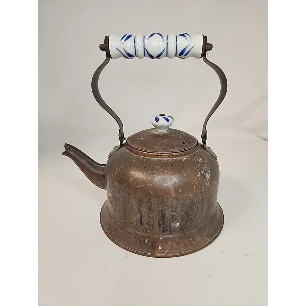 Copper Tea Kettle with Delft Blue Ceramic Handle & Knob Kitchen Farmhouse Pot